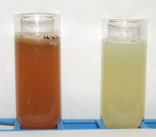 Zumo de pera sin (izq.) y con (der.) ciclodextrinas