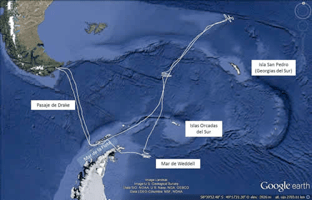 Imagen 12. Singladura aproximada de la Campaña PEGASO (Fuente: http://www.icm.csic.es/icmdivulga/ca/campana-pegaso-01.htm).