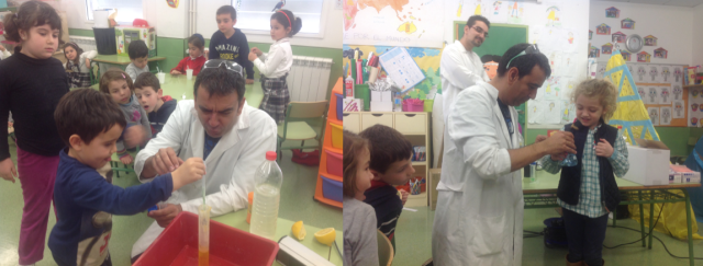 Raúl preparando la cola de elefante y Rebeca con el azul de metileno