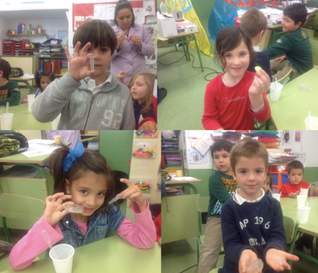 Jaime, Elsa, Sara y Pedro mostrando su ADN, placas Petri y ..mocos.