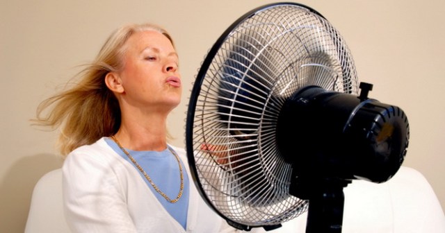 Frau kühlt sich mit einem Ventilator ab Woman with Hot F lushes Model-Released